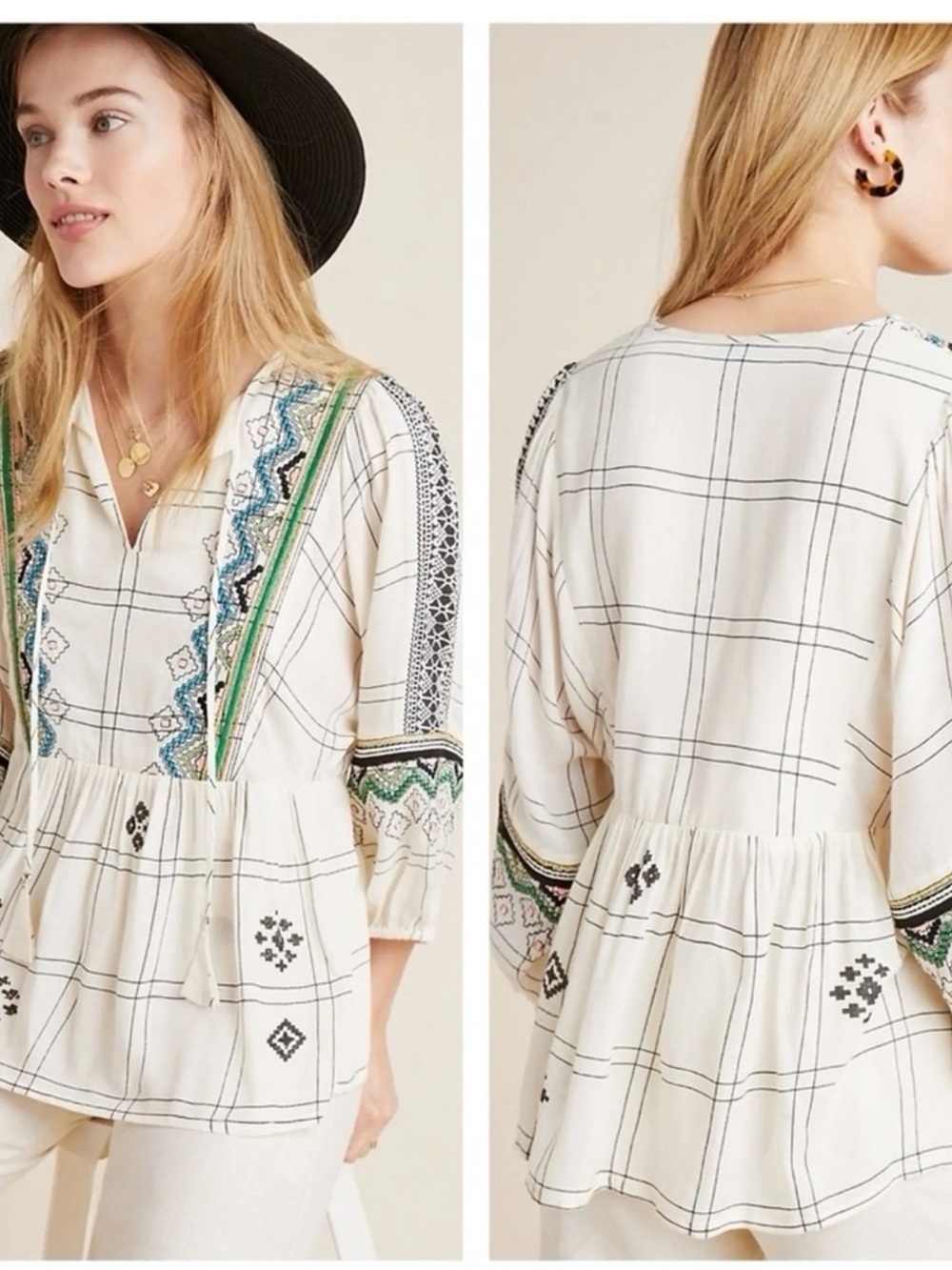 Vinett Bahl Anthropologie Cream Embroidered Peplum Tunic Size Small Boho